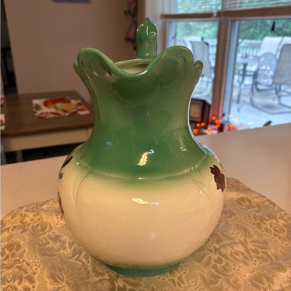 Vintage Mayfayre Staffordshine Green and Cream Floral Ceramic Pitcher - Picture 2 of 8